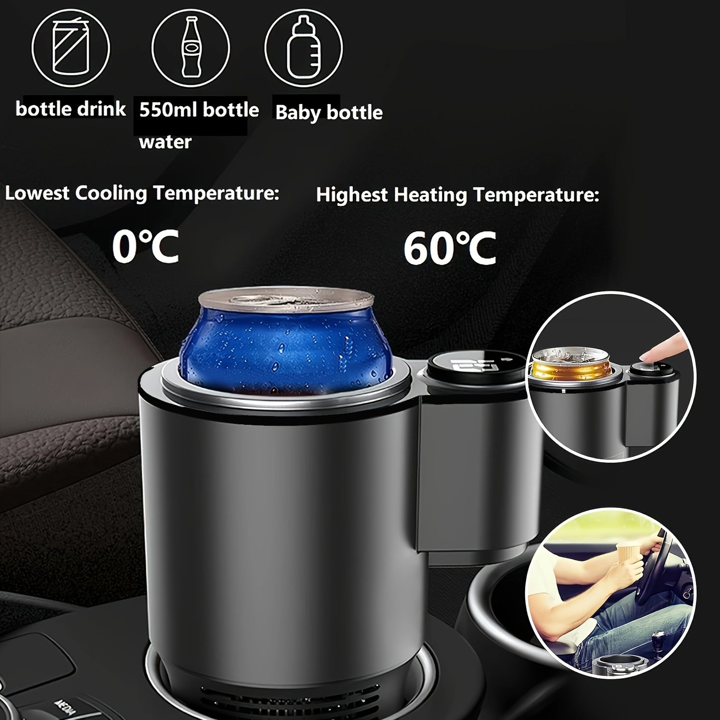 2-in-1 Smart Car Cup Cooler & Warmer - One-Click Temperature Control, Portable Beverage Holder for 18.6oz Bottles, Fits Vehicle Cup Holders, Black