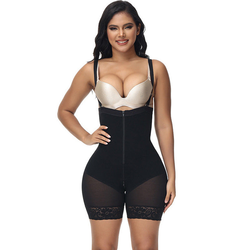 One piece shapewear with high waist hip lifting crotch zipper