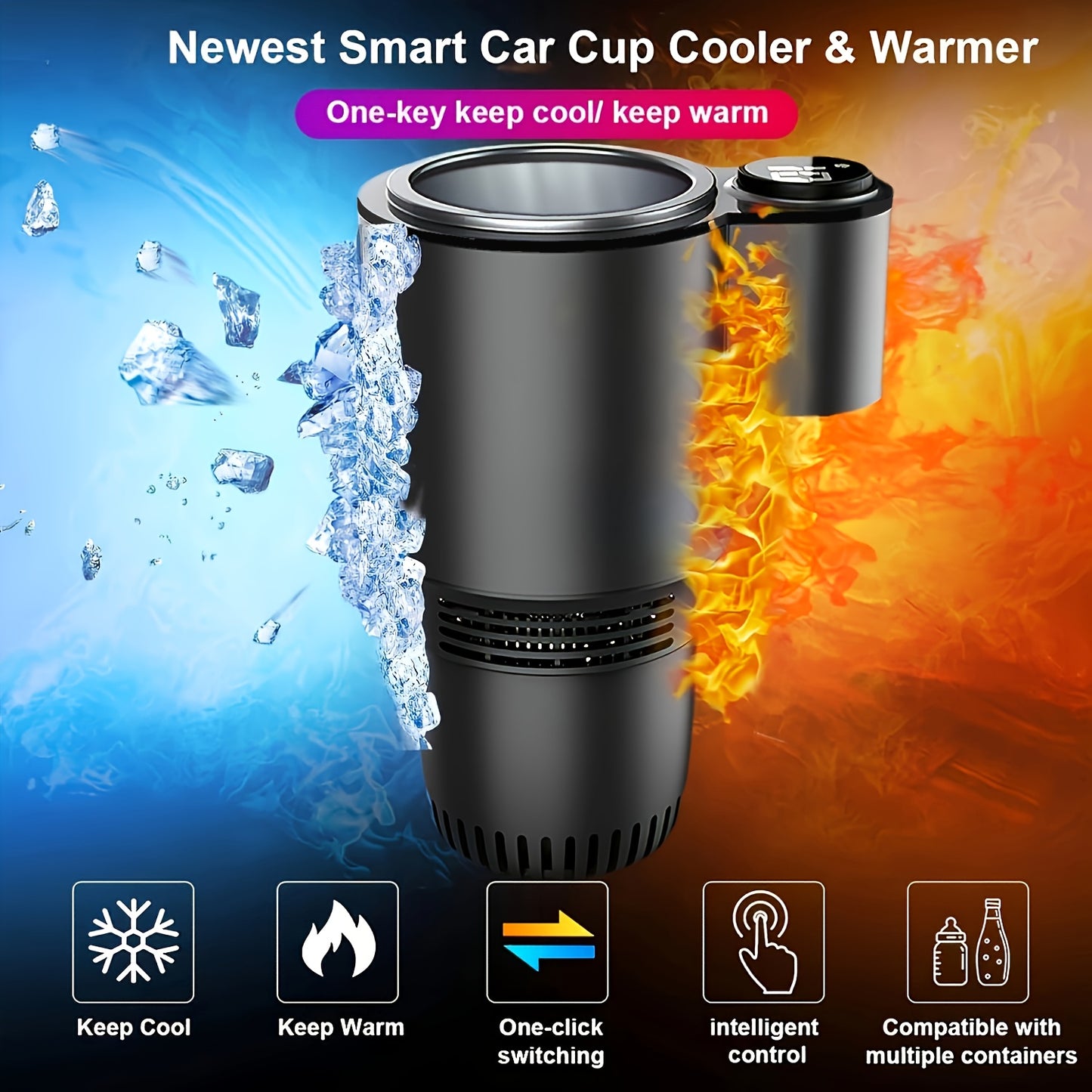 2-in-1 Smart Car Cup Cooler & Warmer - One-Click Temperature Control, Portable Beverage Holder for 18.6oz Bottles, Fits Vehicle Cup Holders, Black